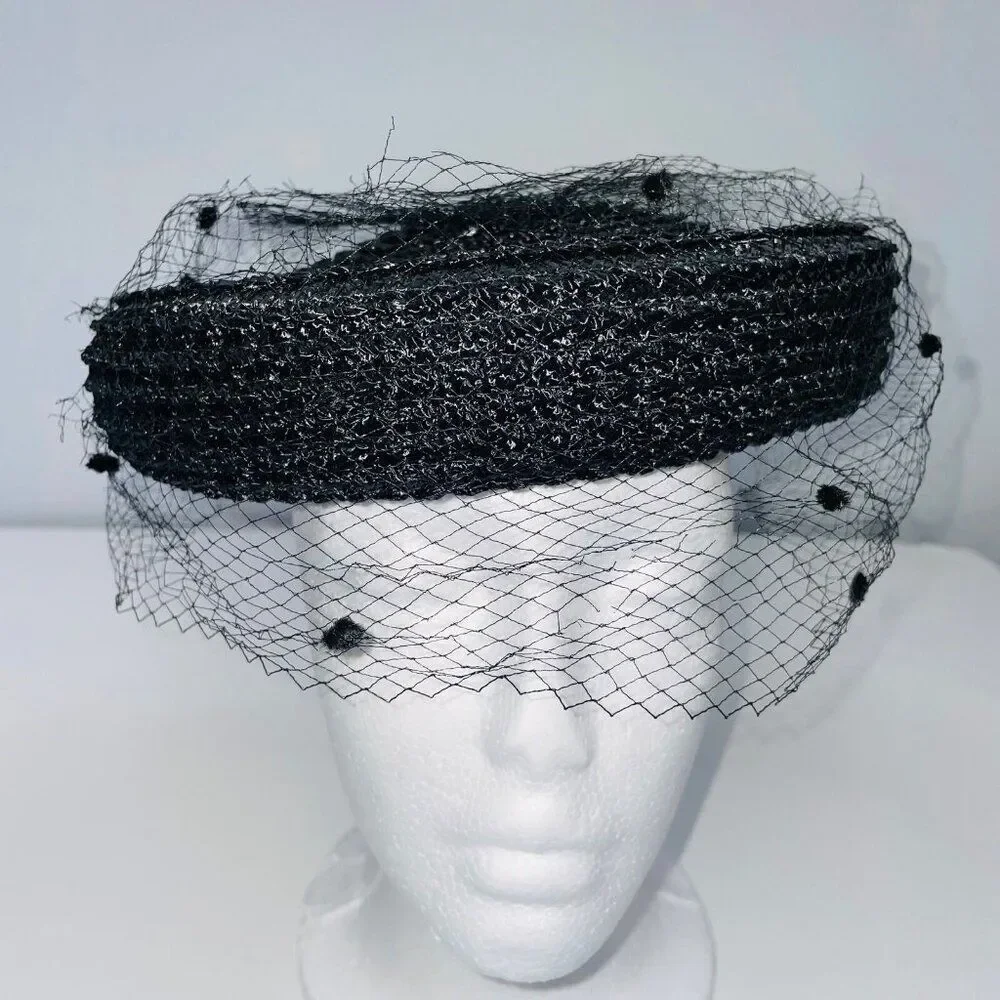 Vintage Womens Hat Black Pillbox Church Netting Bow Wedding Costume Theatre